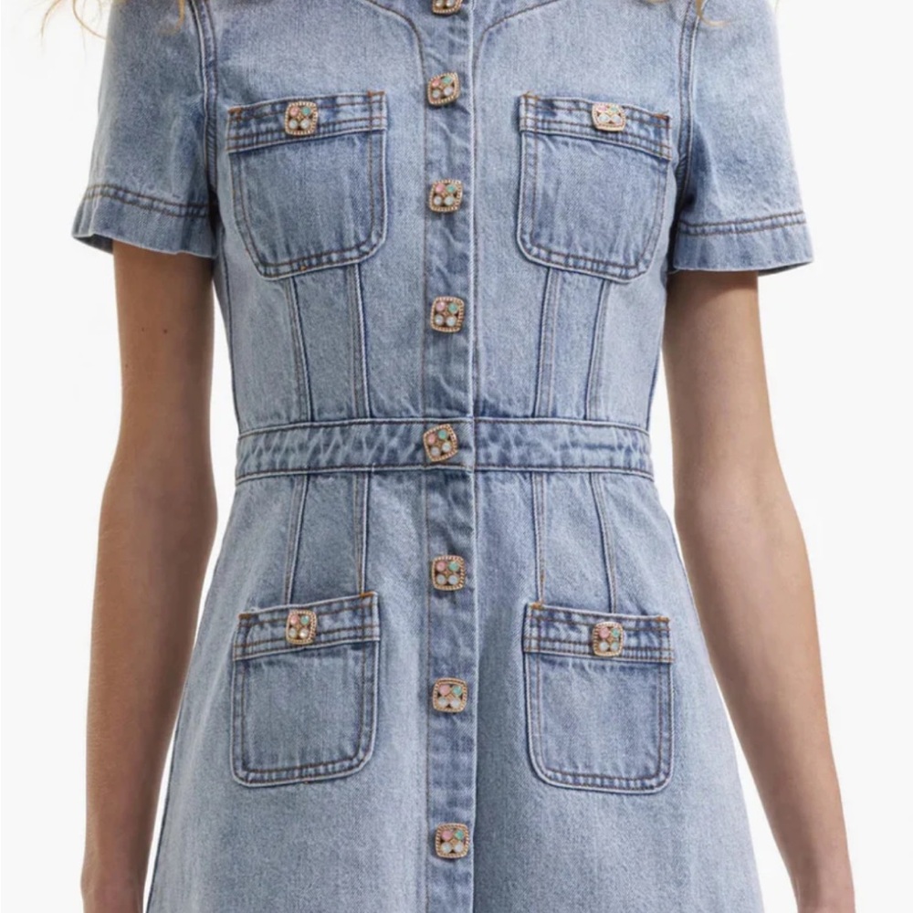 Self Portrait denim buttoned mini dress light blue size 4 - Picture 2 of 9